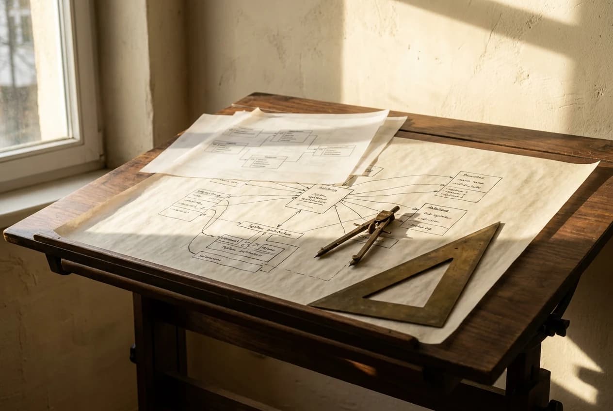 A system architecture diagram on a drafting table with a compass and set square