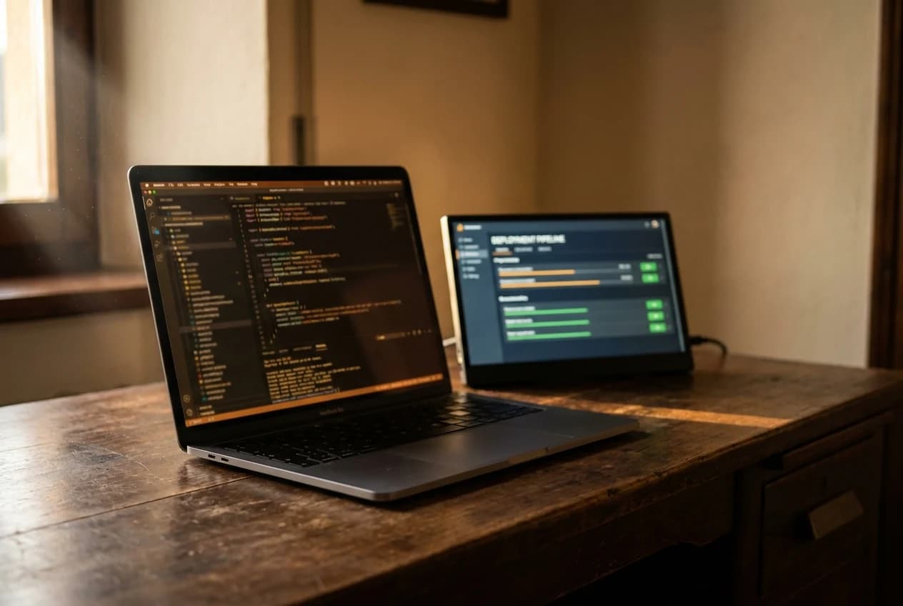 A code editor open on a laptop next to a screen showing a deploy pipeline running