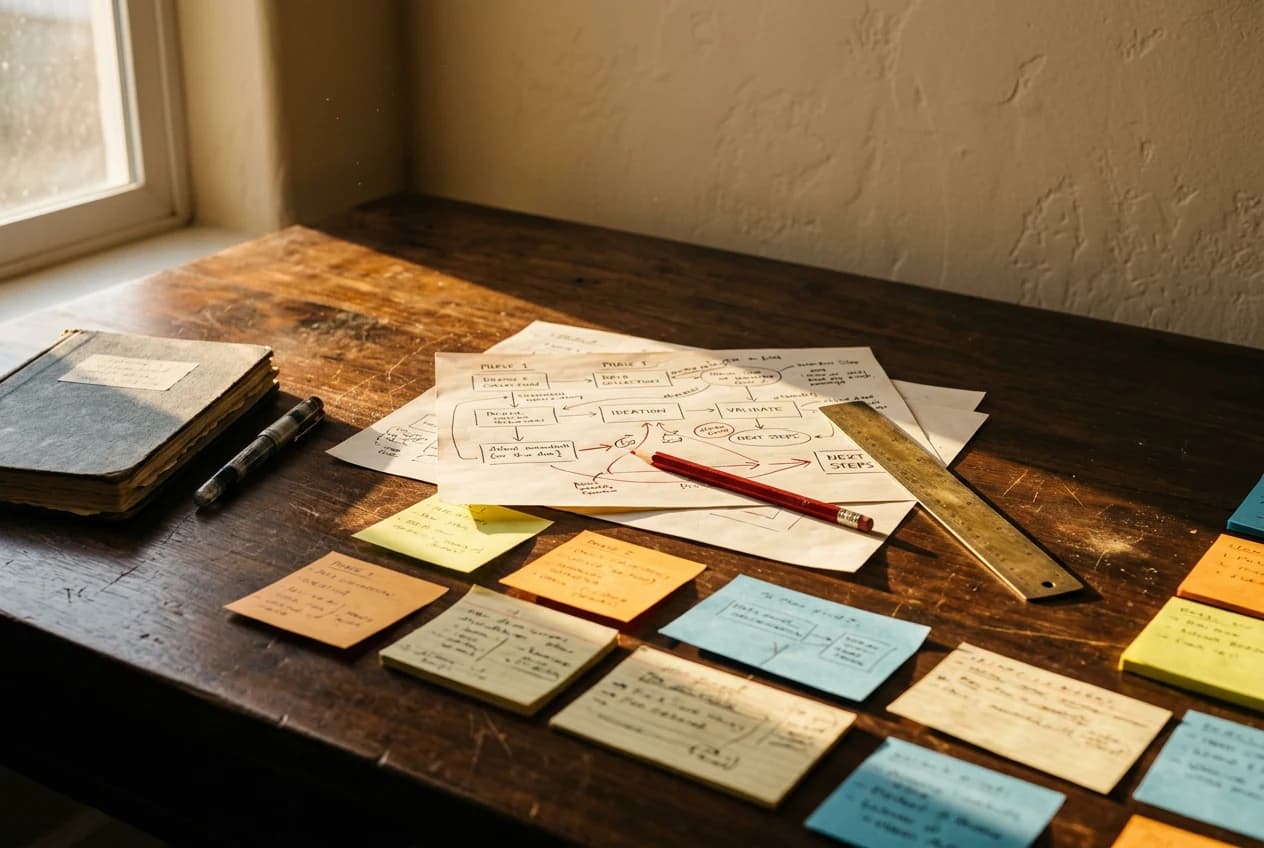 An annotated process flowchart and a row of sticky notes laid out across a desk