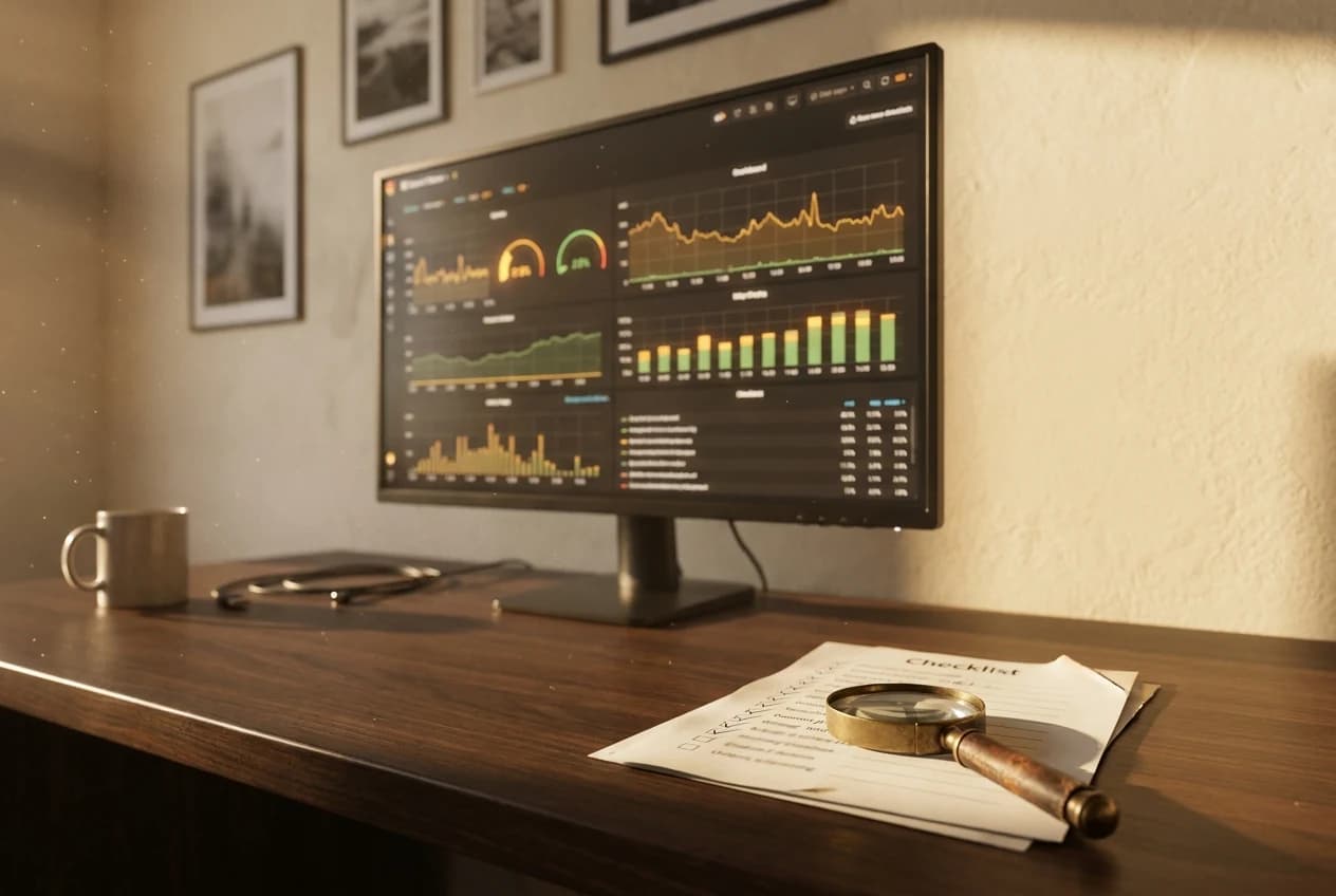 A monitoring dashboard of latency and traffic charts beside a ticked test checklist