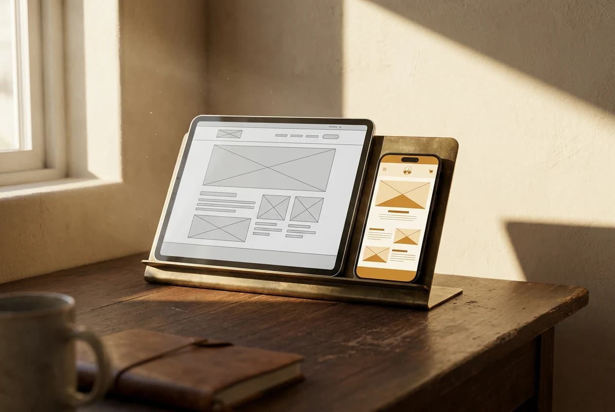 A tablet showing a wireframe beside a phone showing the same screen finished