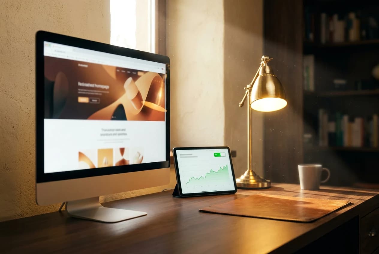 A finished homepage on a large screen with a live uptime chart beside it