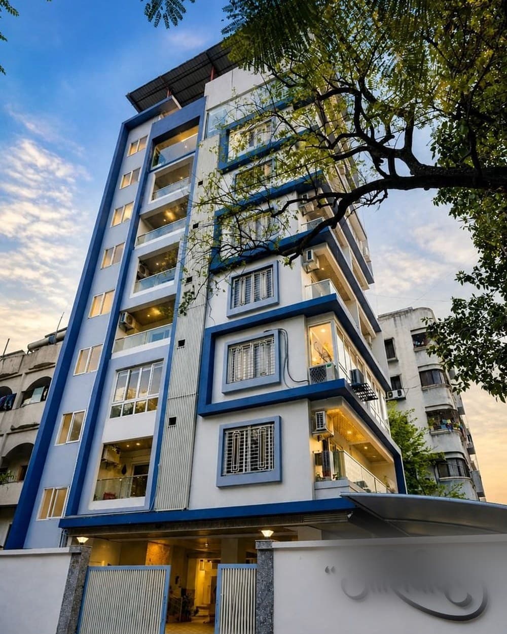 A low-rise block — the same building, finished