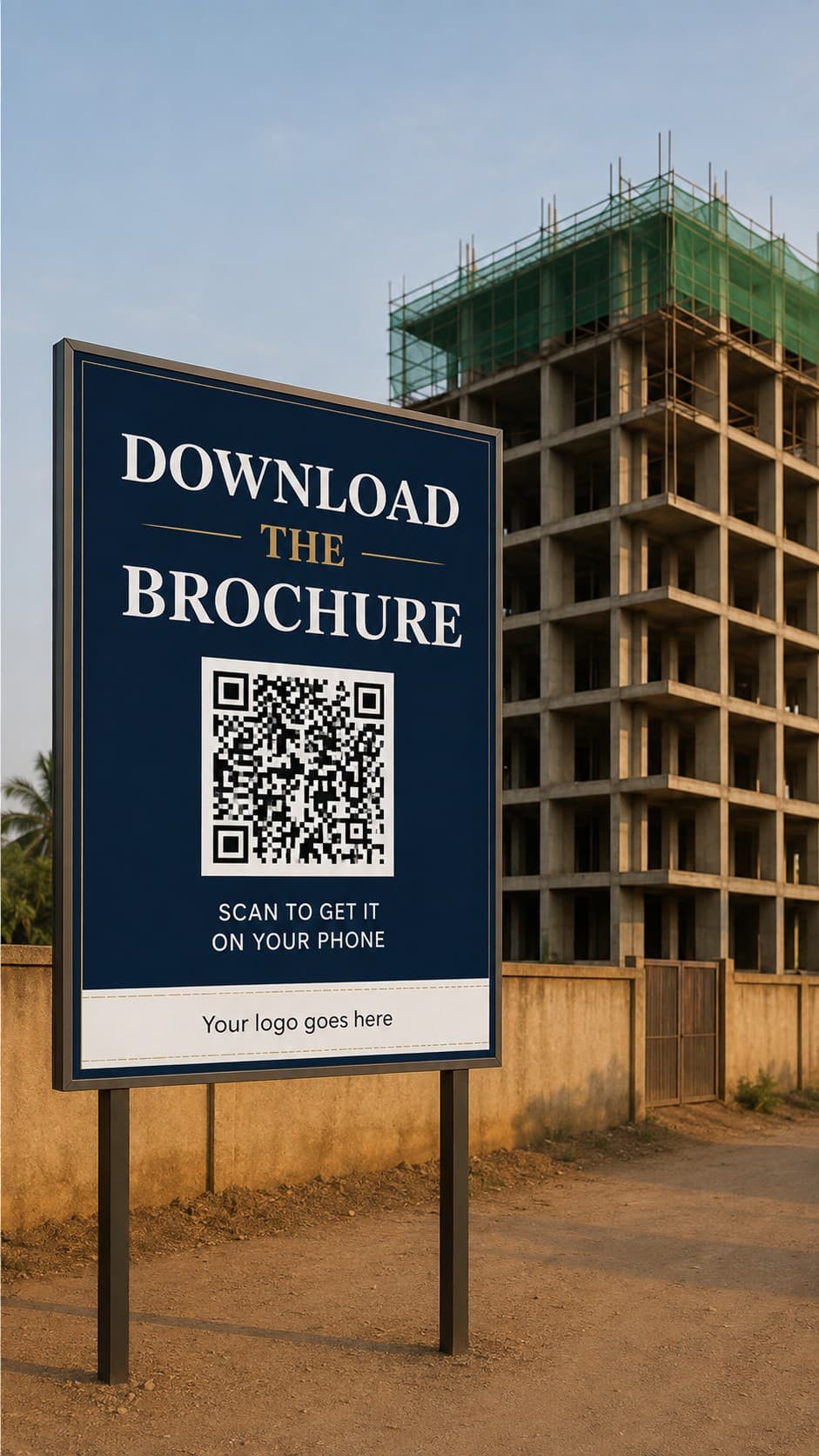 A site hoarding carrying a Download the Brochure QR code, the project rising directly behind it