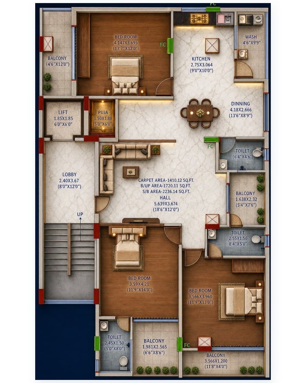 The same floor plan redrawn, furnished and branded