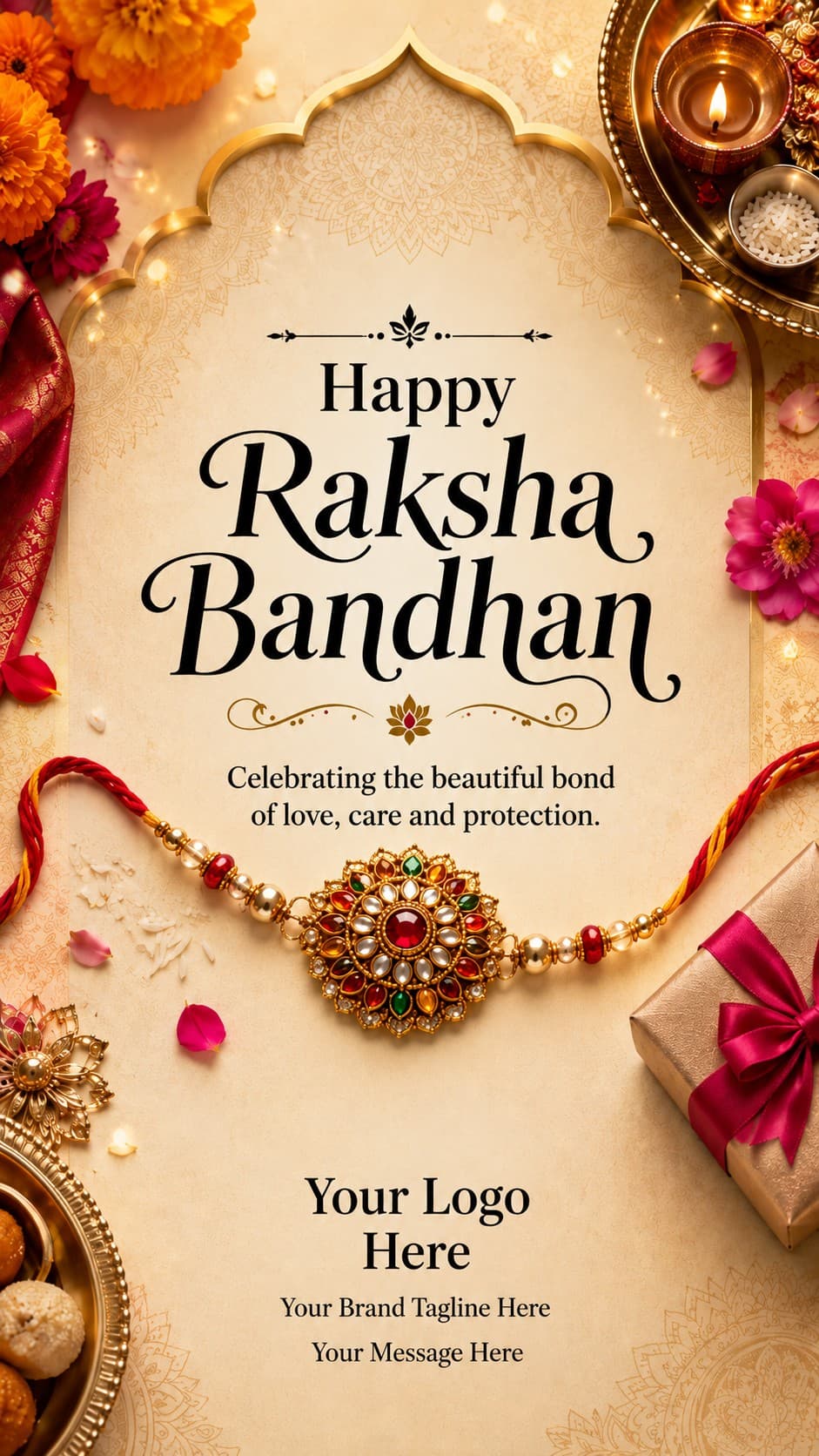 A Raksha Bandhan creative with space for the developer's logo, tagline and message