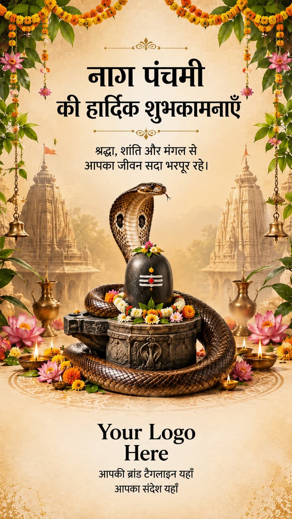 A Nag Panchami creative with space for the developer's logo, tagline and message