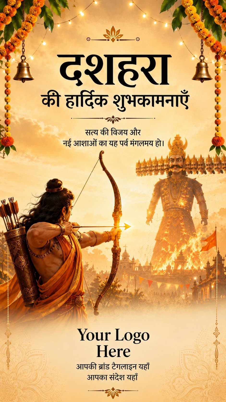 A Dussehra creative with space for the developer's logo, tagline and message