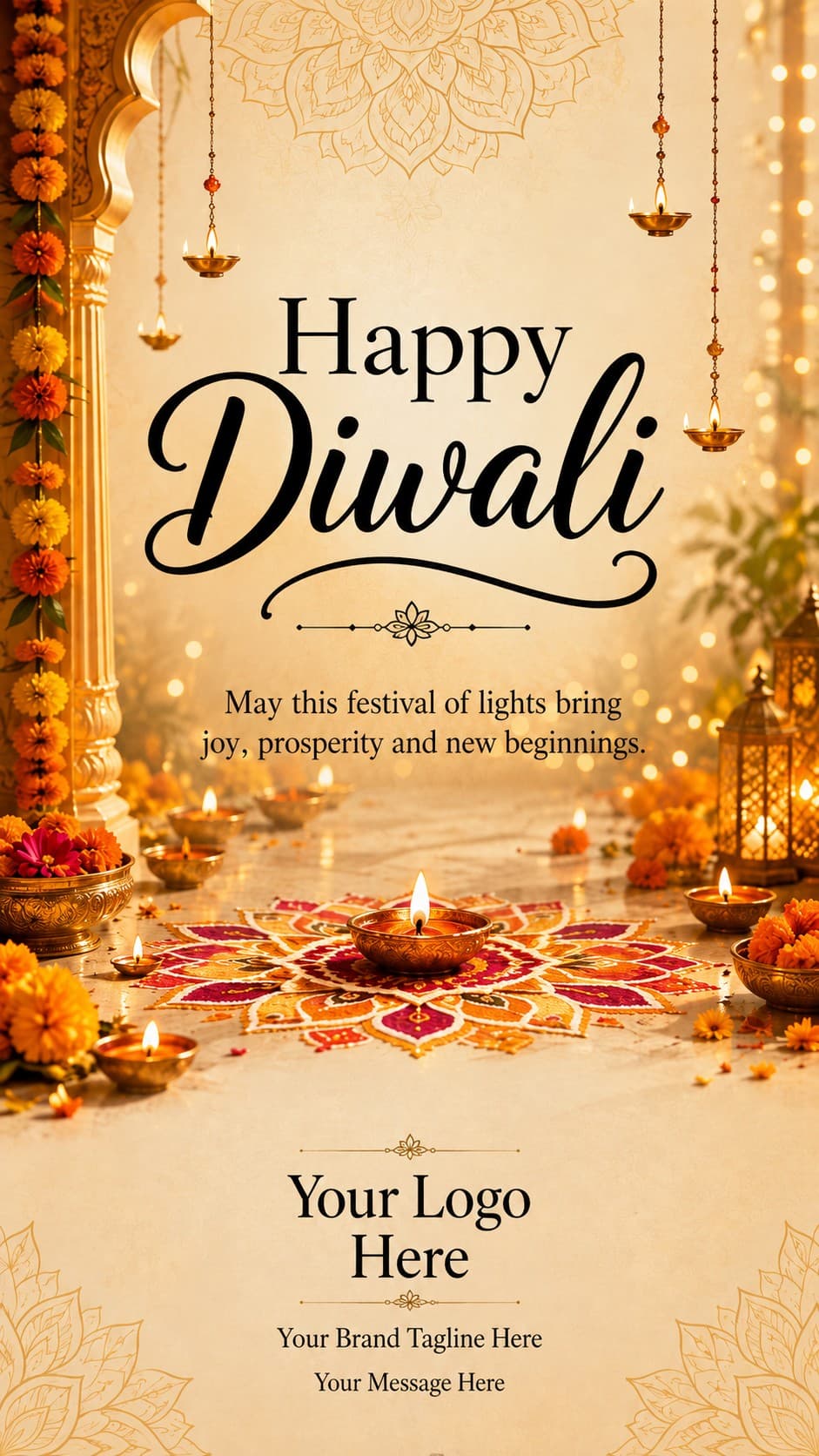 A Diwali creative with space for the developer's logo, tagline and message