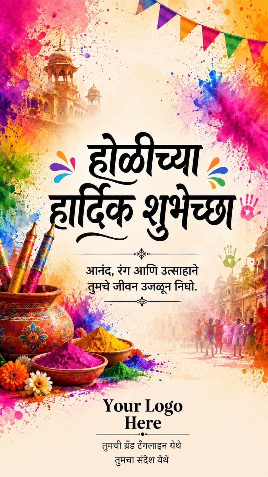 A Holi creative with space for the developer's logo, tagline and message