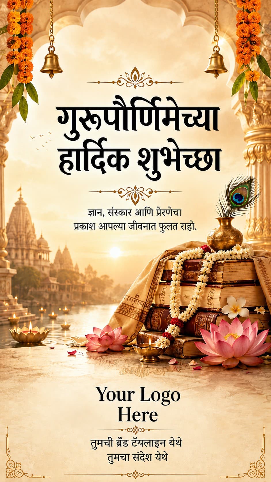 A Guru Purnima creative with space for the developer's logo, tagline and message