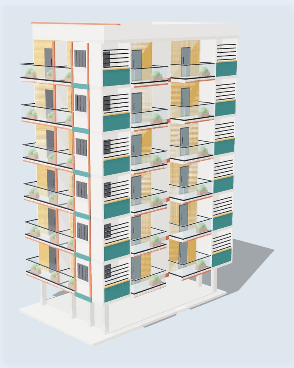 The same elevation, stood up in three dimensions