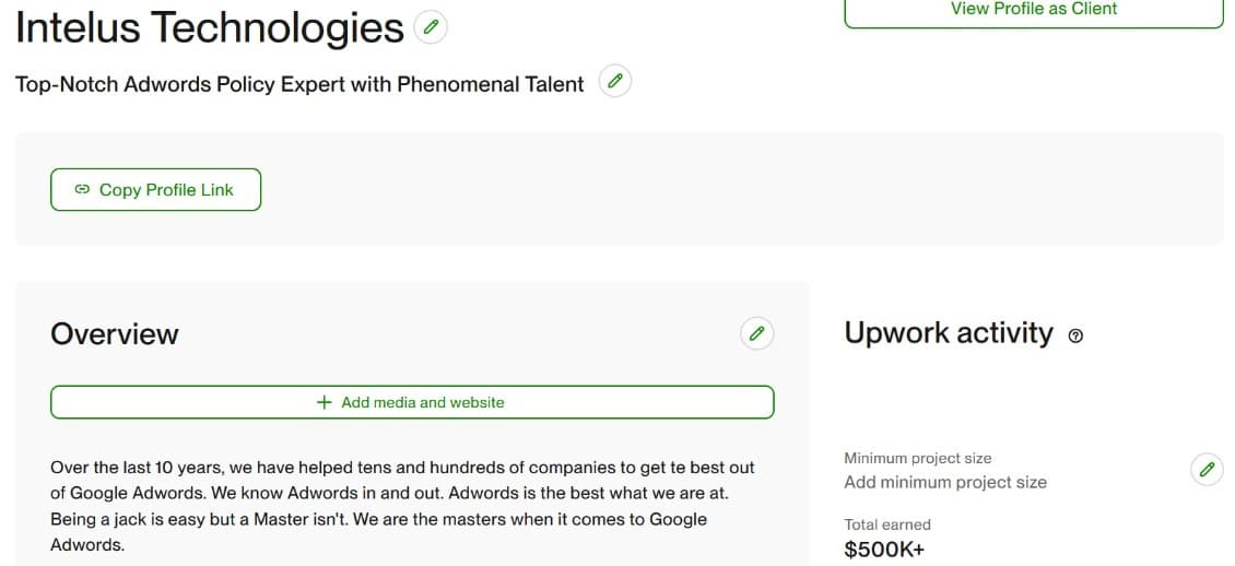 Intelus Technologies agency profile on Upwork showing $500K+ total earned