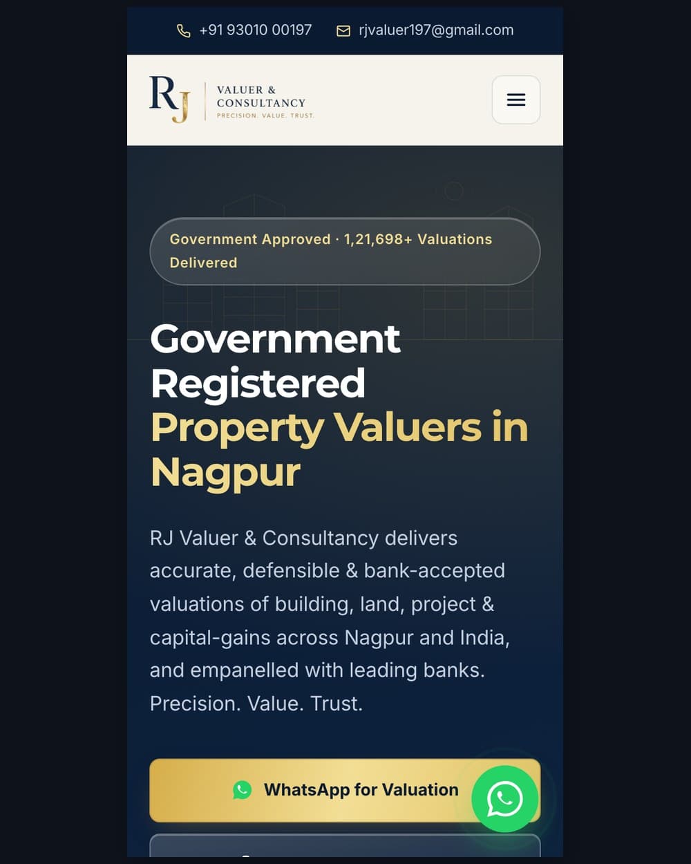 RJ Valuer, the home page — the site we built, live today