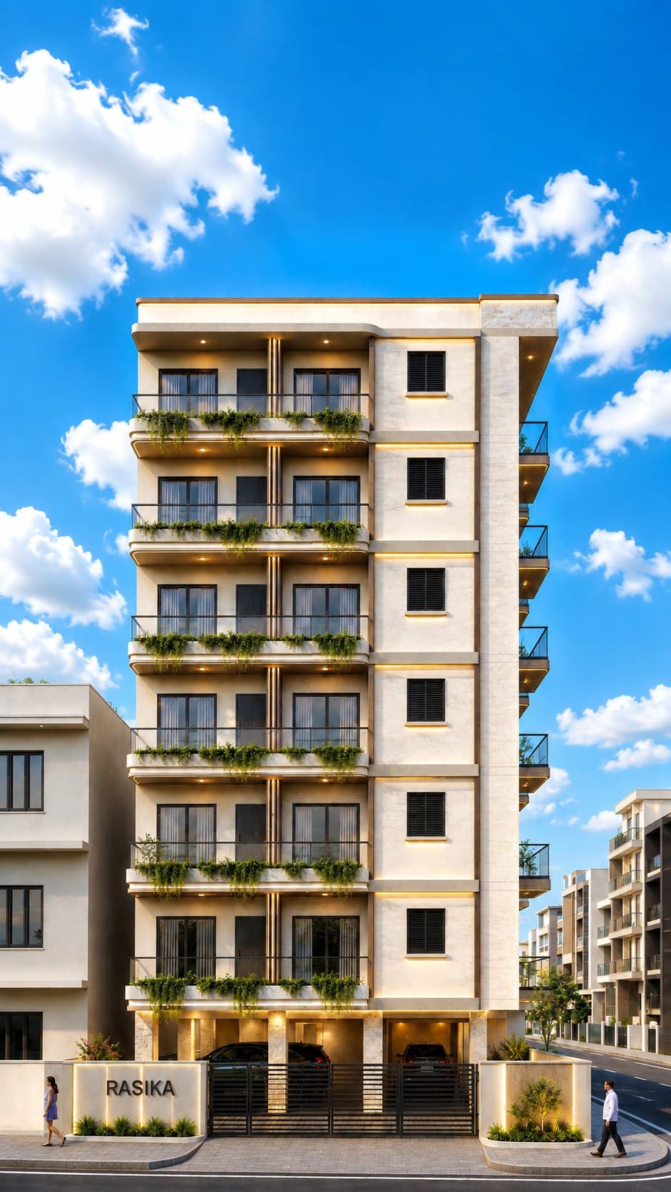 The same building rendered under a blue sky
