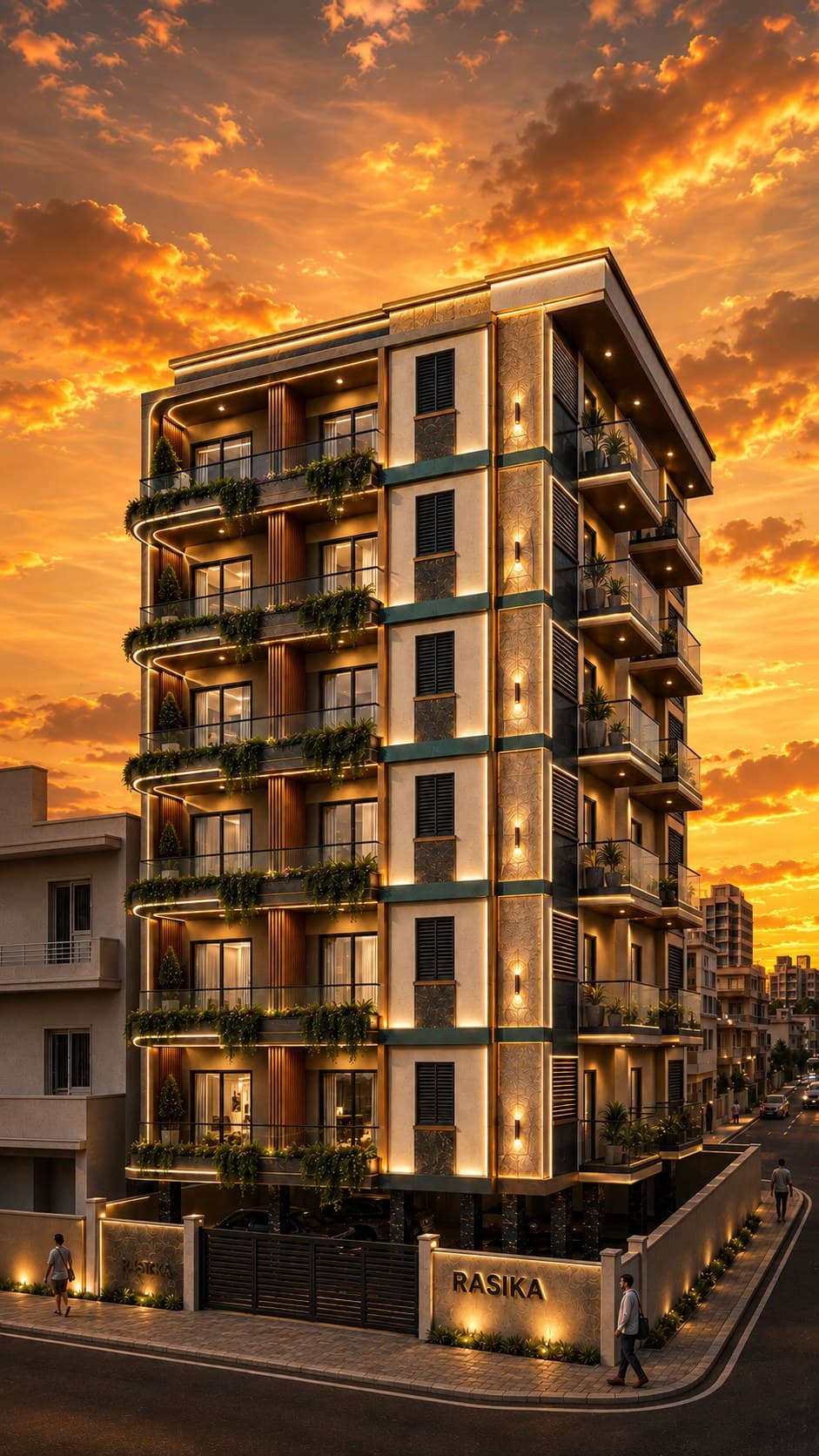 The same building rendered at sunset