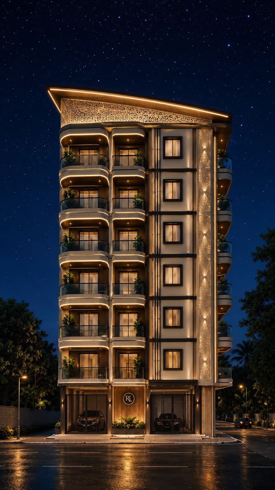 The same building rendered after dark