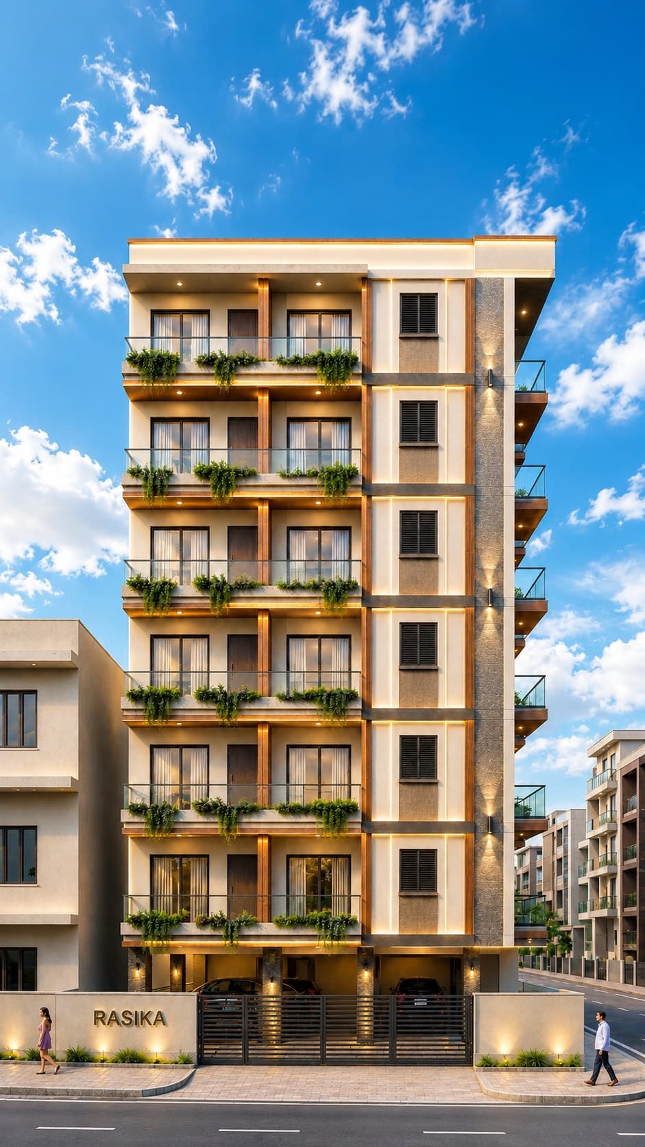The same building rendered under a blue sky