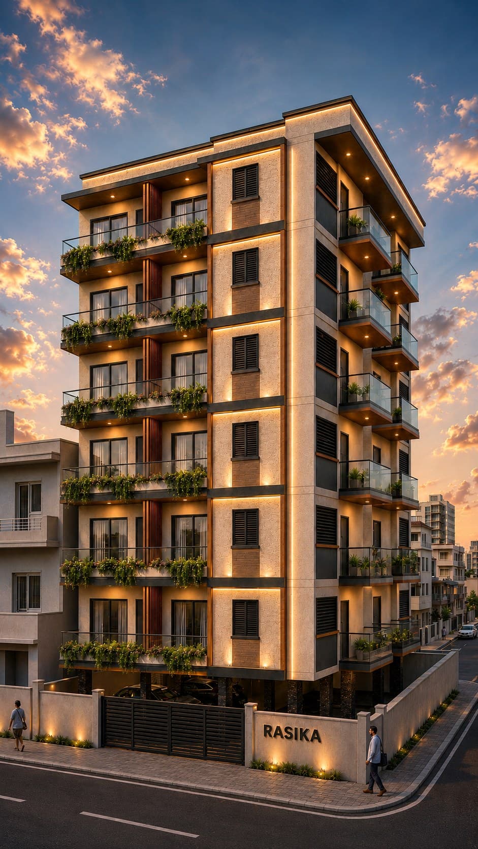 The same building rendered at sunset