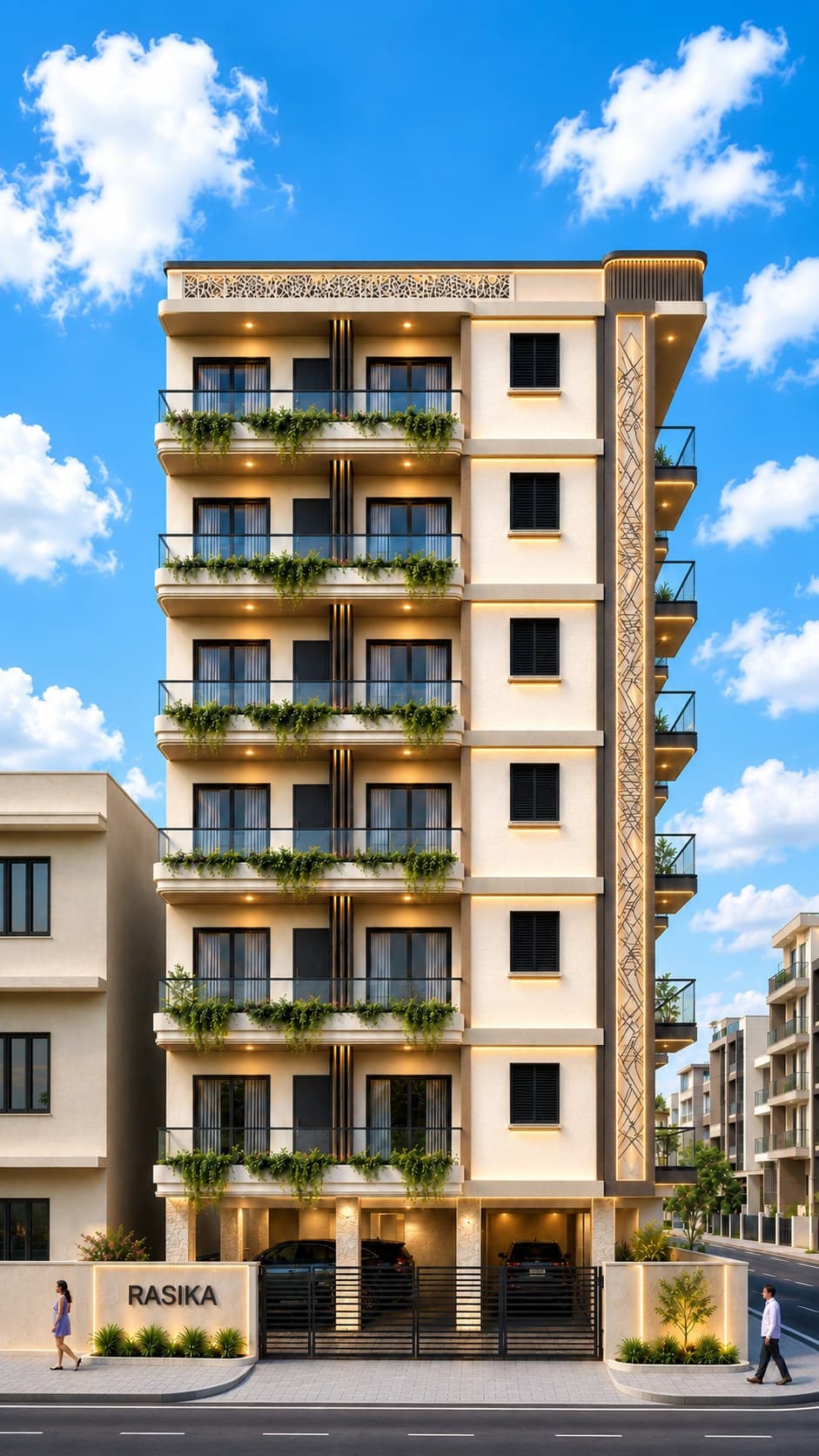 The same building rendered under a blue sky