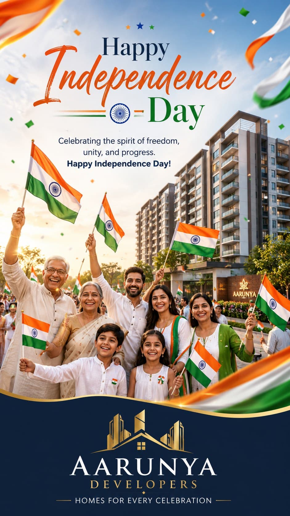 A Independence Day creative carrying the developer's logo and building