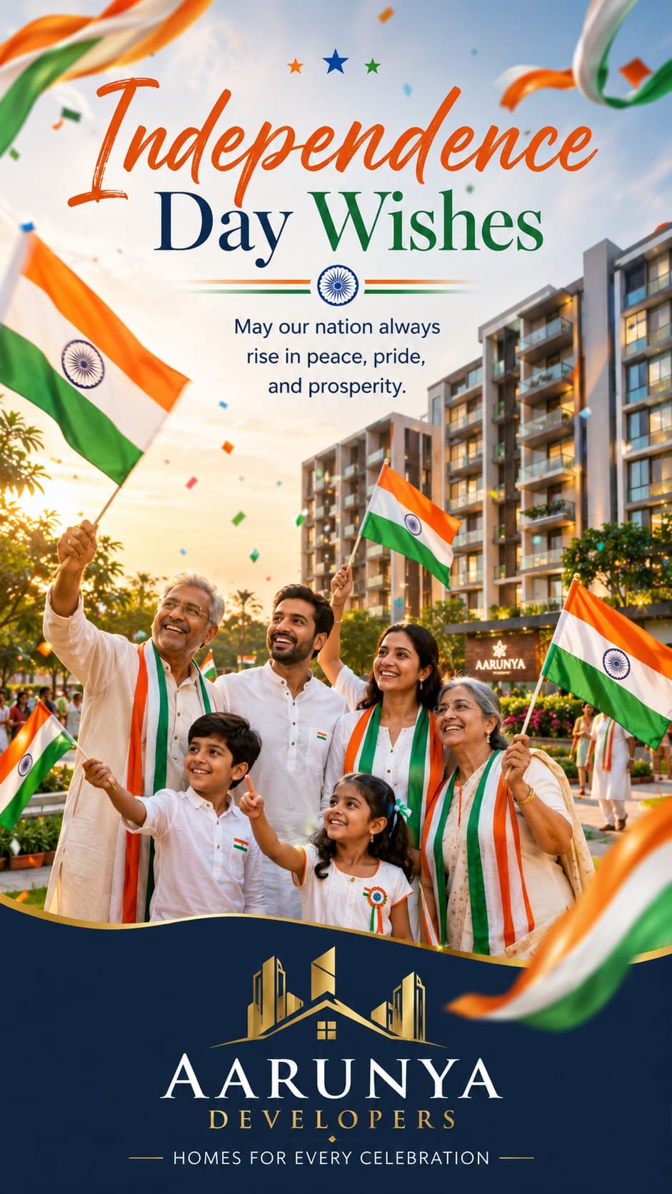 A Independence Day wishes creative carrying the developer's logo and building