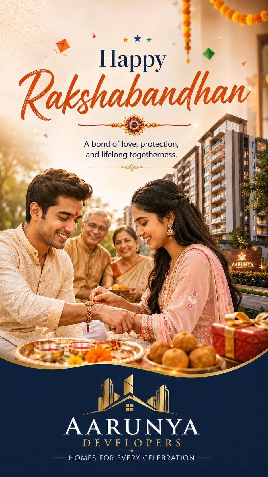 A Rakshabandhan creative carrying the developer's logo and building