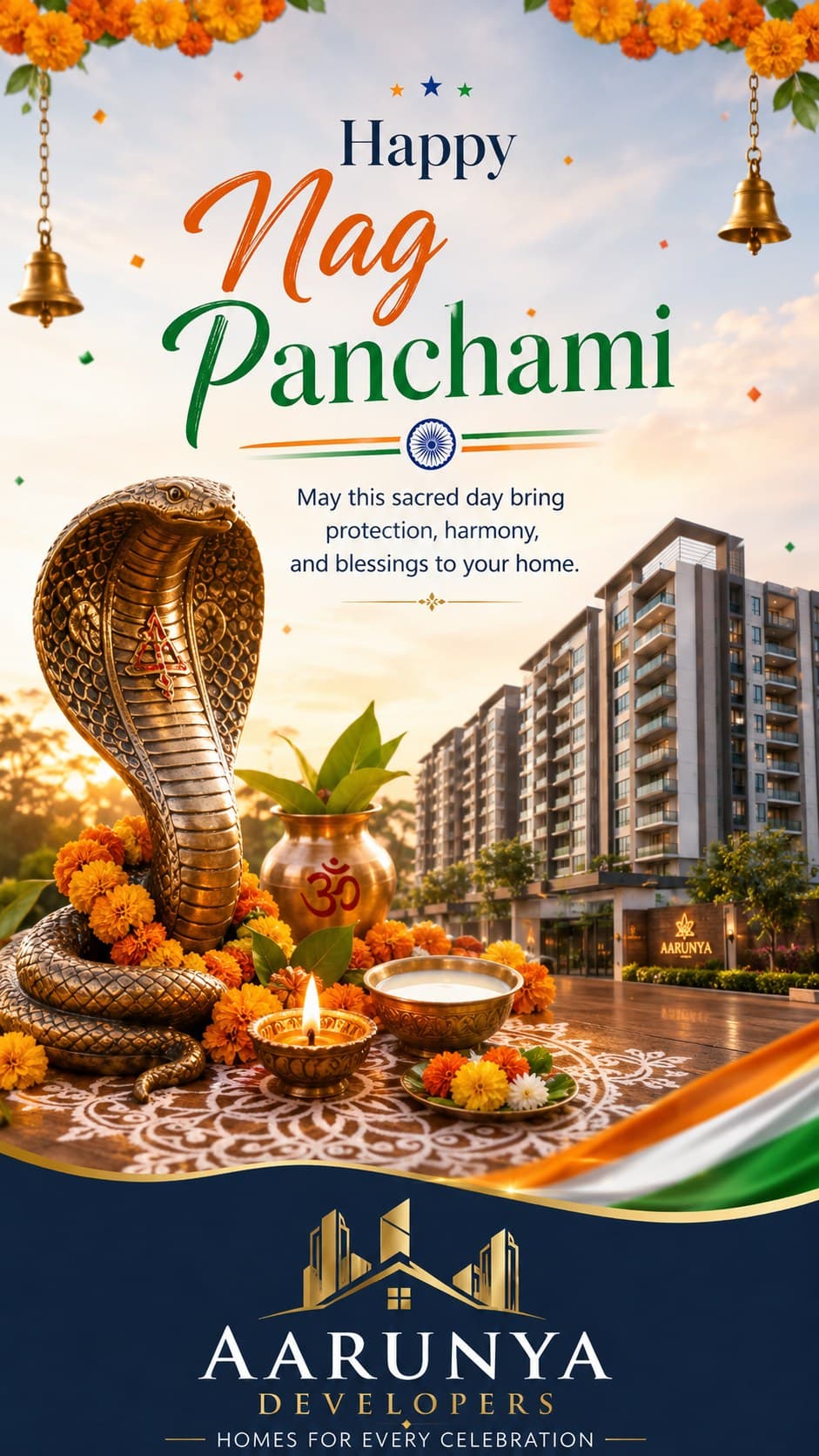 A Nag Panchami creative carrying the developer's logo and building