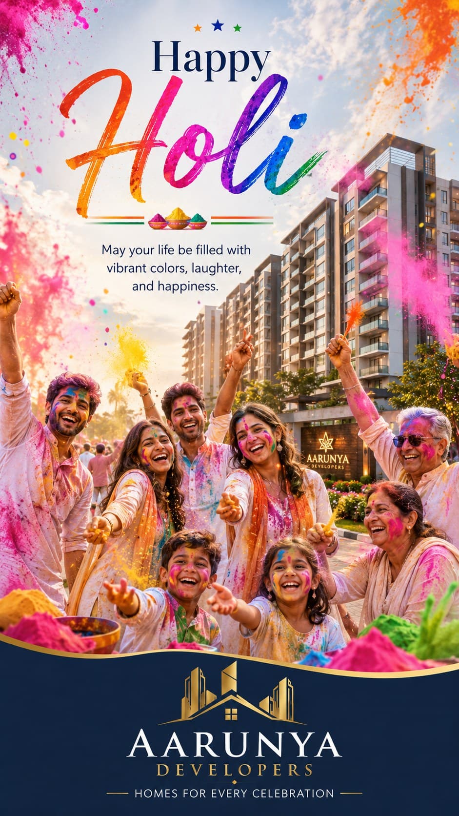 A Holi creative carrying the developer's logo and building