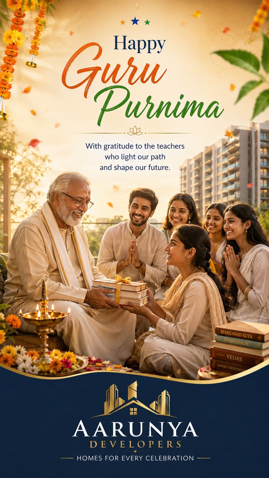 A Guru Purnima creative carrying the developer's logo and building