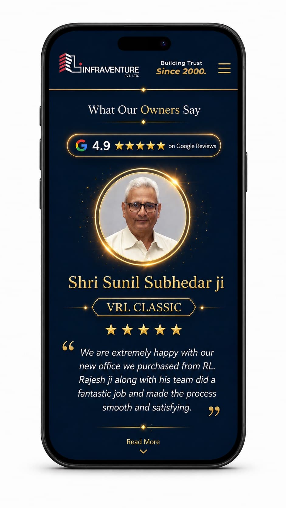 A second owner's testimonial, with the Google rating above it