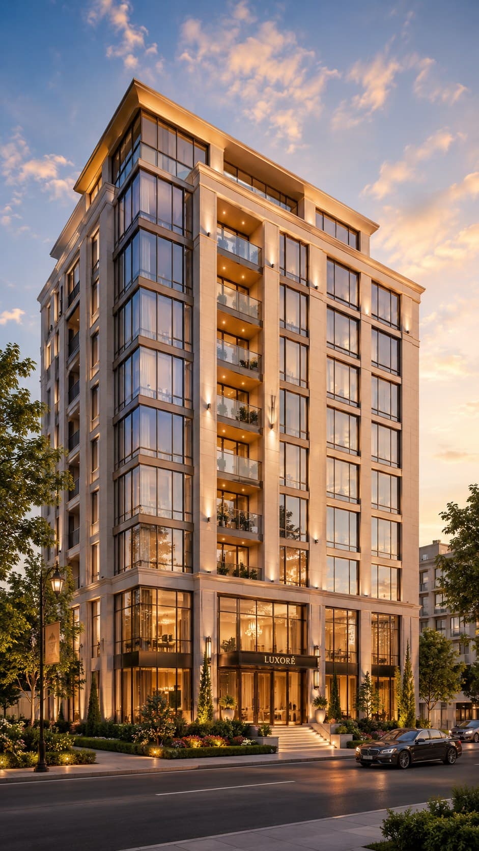 A stone and glass tower in full daylight