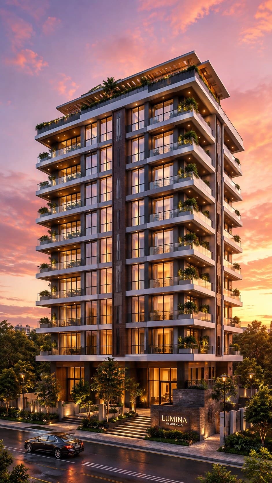 A balconied tower against a dusk sky