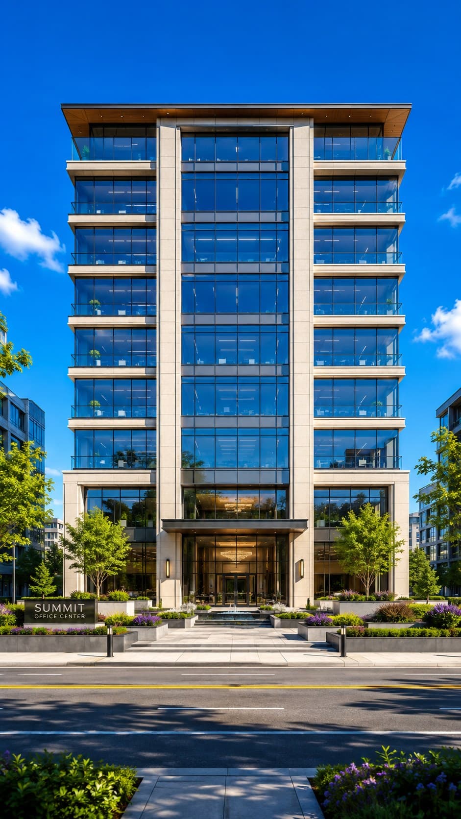 A glass office building straight on under a clear sky