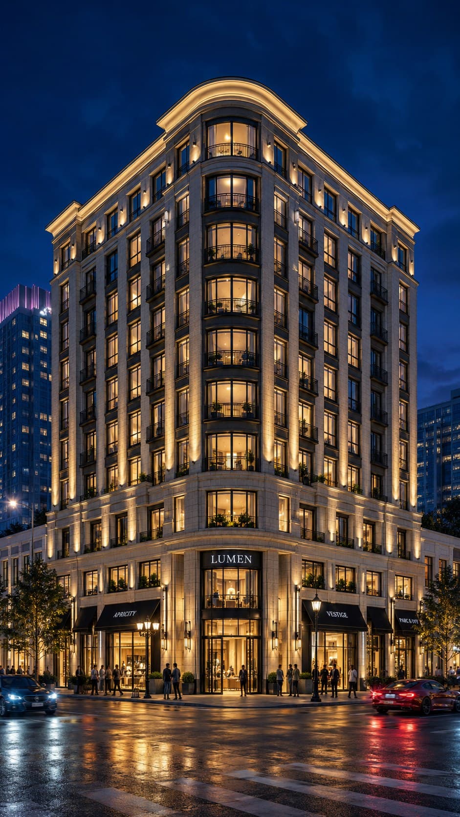 A corner building lit at night above its shopfronts