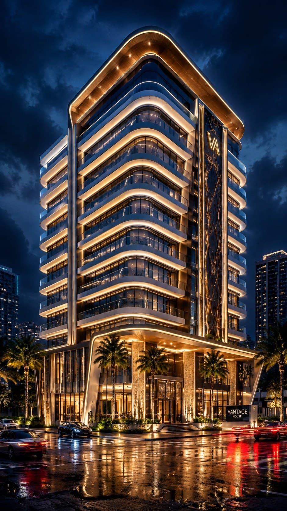 A curved-balcony tower lit after dark
