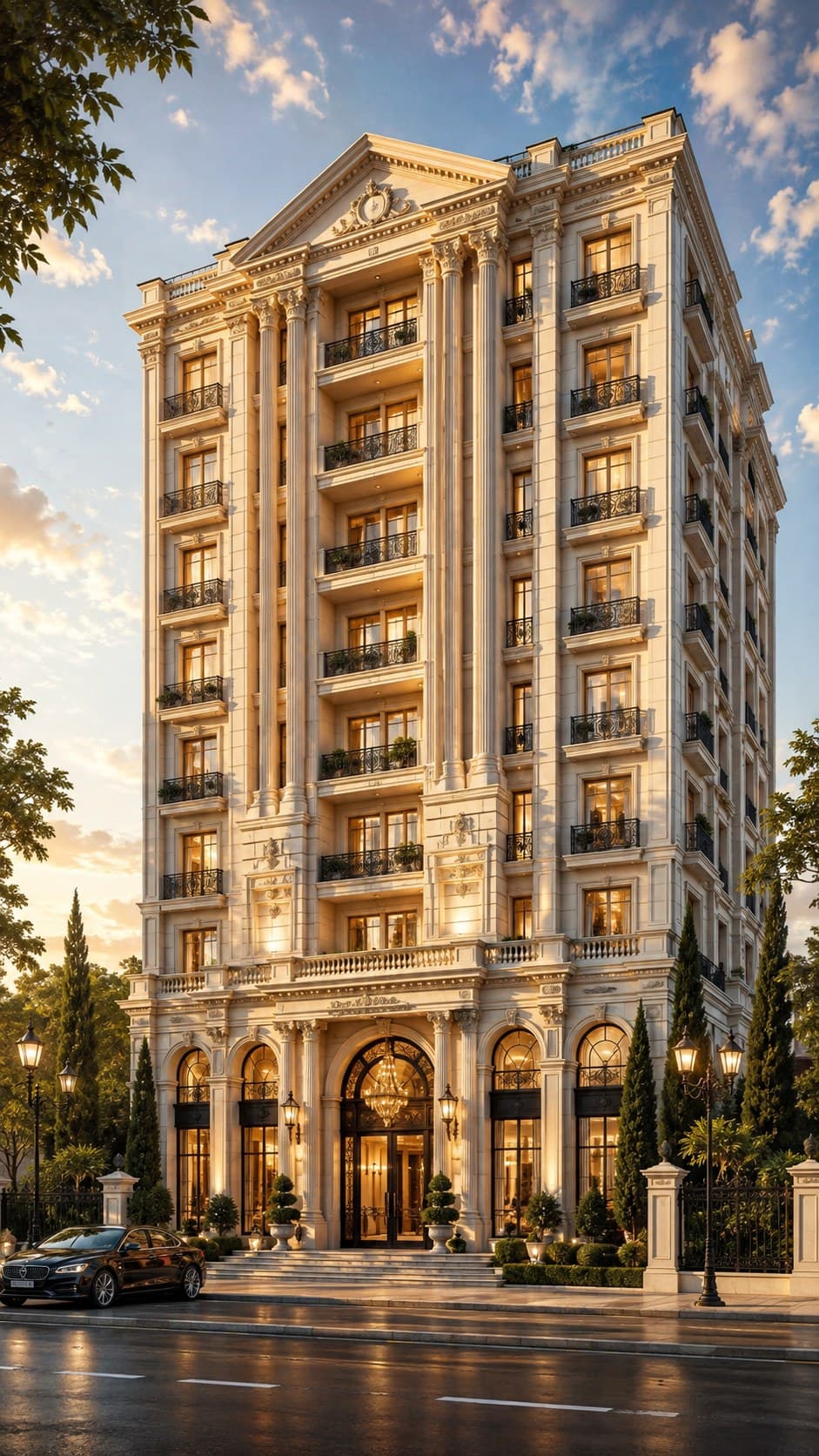 A classical stone facade at golden hour