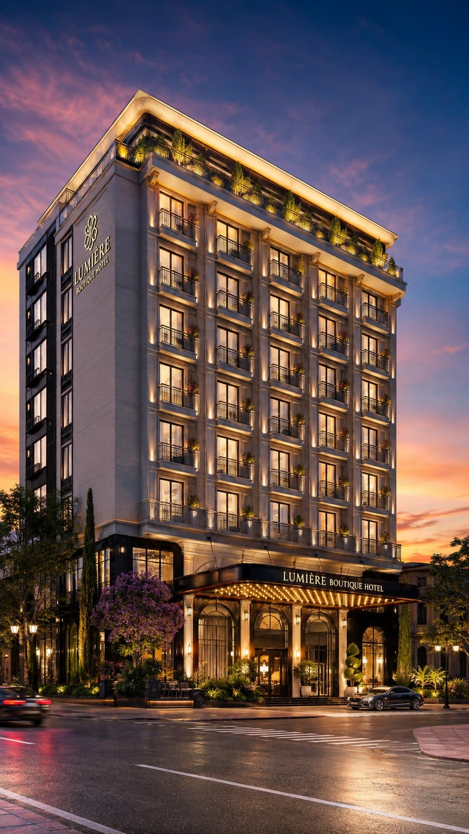 A boutique hotel elevation at sunset