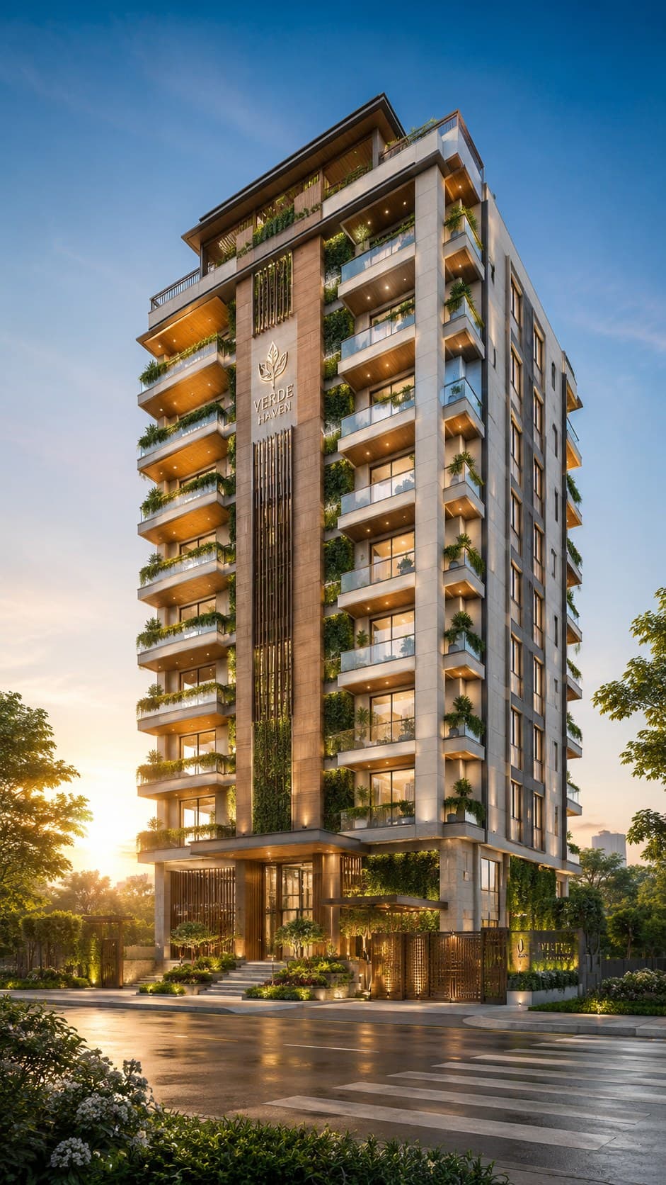 A tower of planted terraces in warm daylight